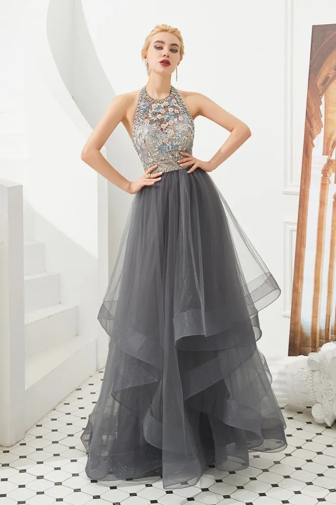 Floral Halter Evening Dress with Sparkle Beads Trendy Gray Mother of the bride Dress with watermelon and blue decorations