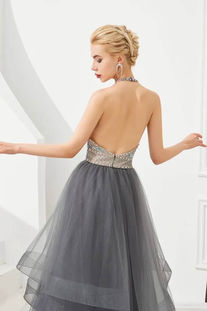 Floral Halter Evening Dress with Sparkle Beads Trendy Gray Mother of the bride Dress with watermelon and blue decorations