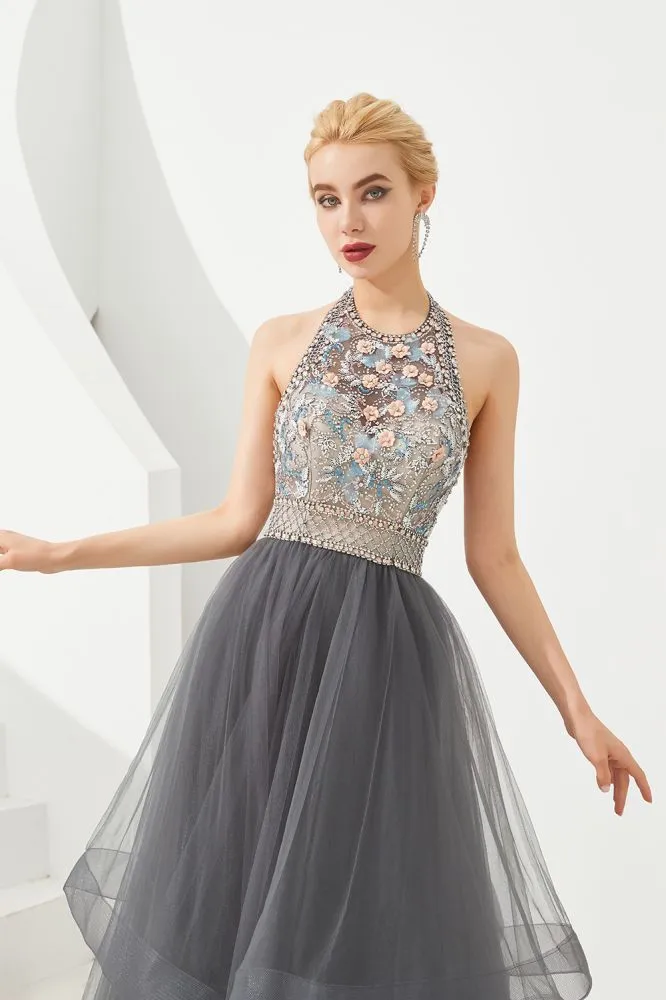 Floral Halter Evening Dress with Sparkle Beads Trendy Gray Mother of the bride Dress with watermelon and blue decorations