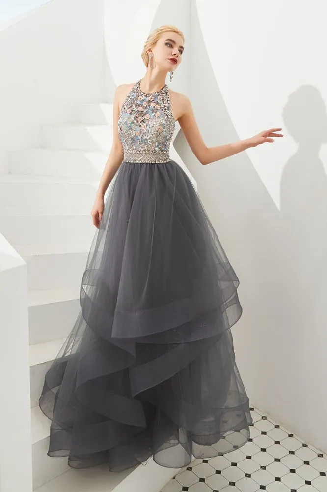 Floral Halter Evening Dress with Sparkle Beads Trendy Gray Mother of the bride Dress with watermelon and blue decorations