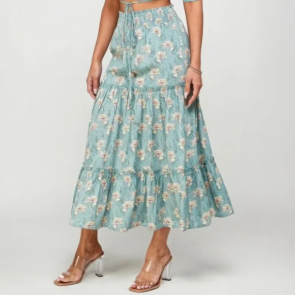 Floral Off Shoulder Back Tie Skirt Set