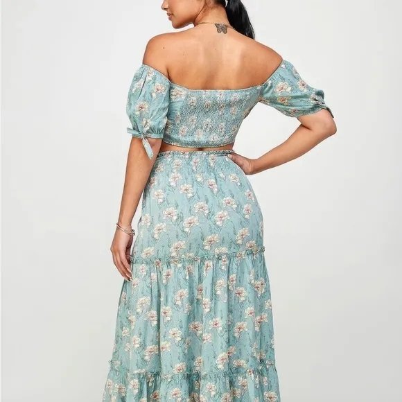 Floral Off Shoulder Back Tie Skirt Set