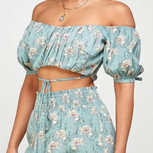 Floral Off Shoulder Back Tie Skirt Set