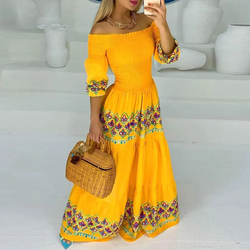 Floral Print Off Shoulder Lantern Sleeve Maxi Dress