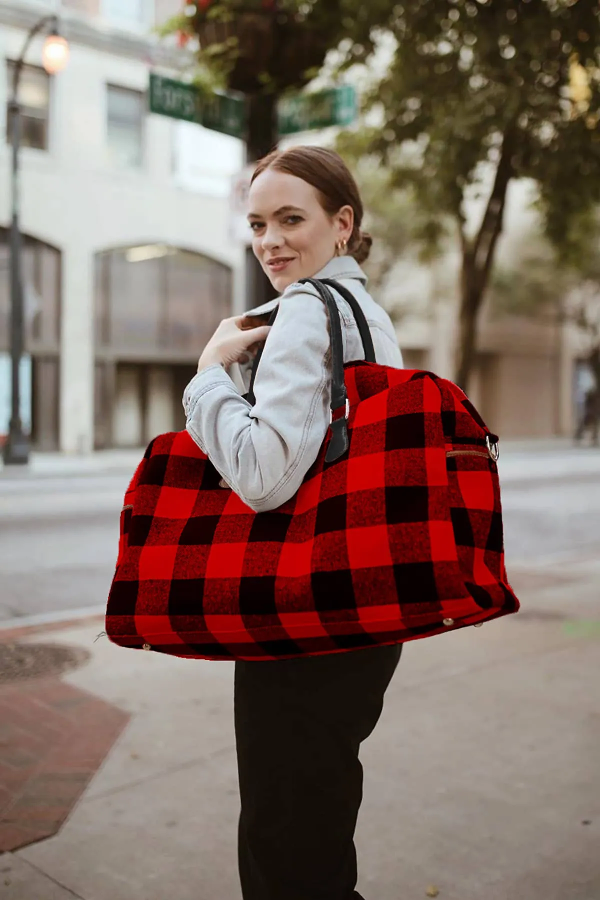 Florence Duffle Bag/Weekender: Plaid-Olive