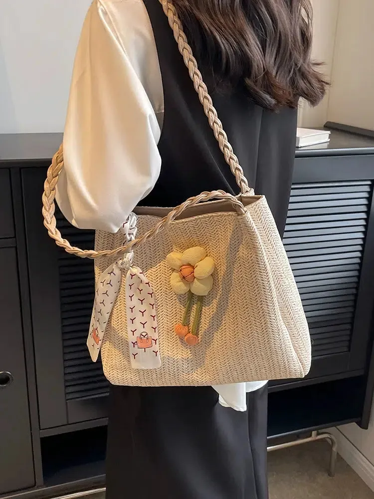 Flower Scarf Accent Woven Handbag