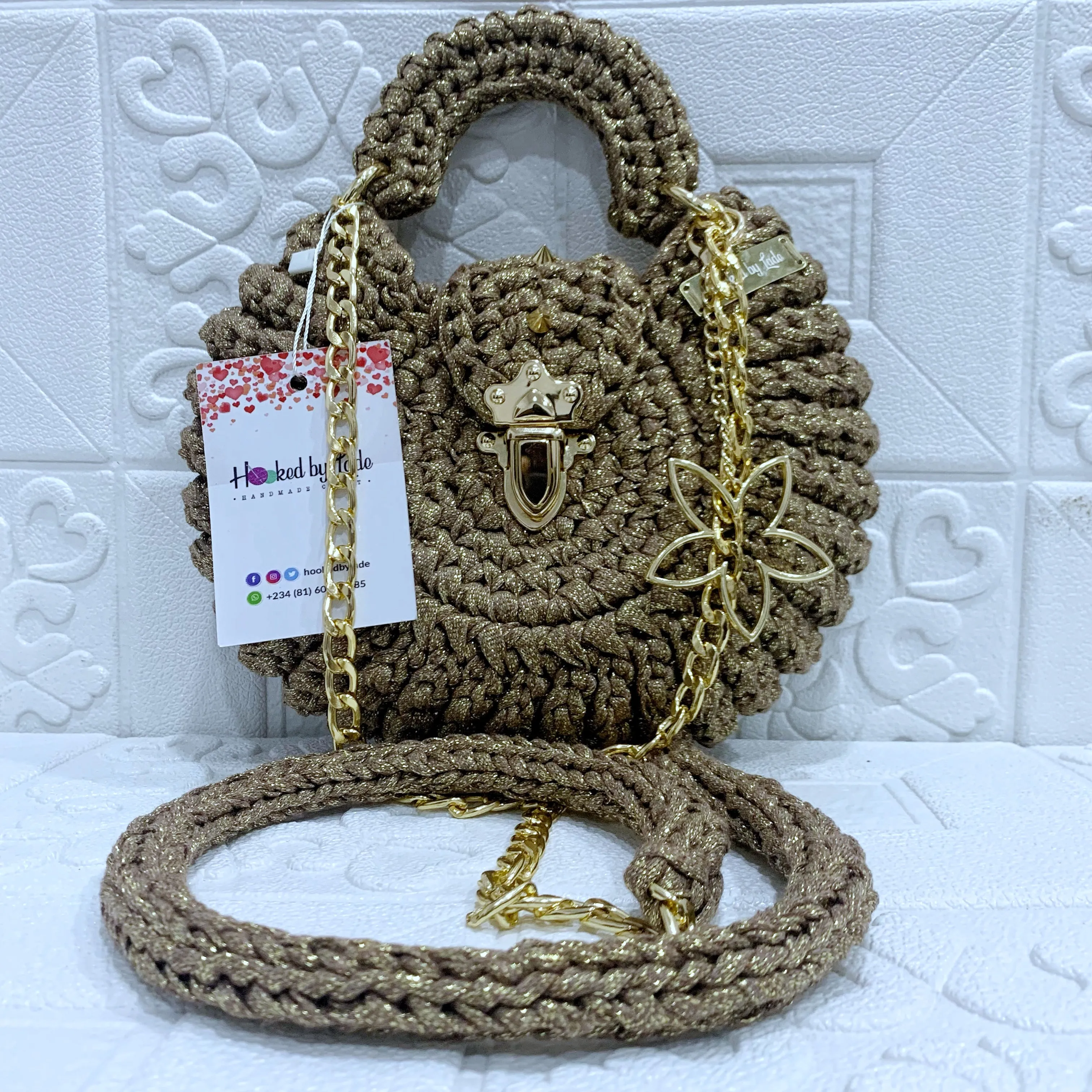 'Fola' Spikes Crochet bag in Glitter Gold