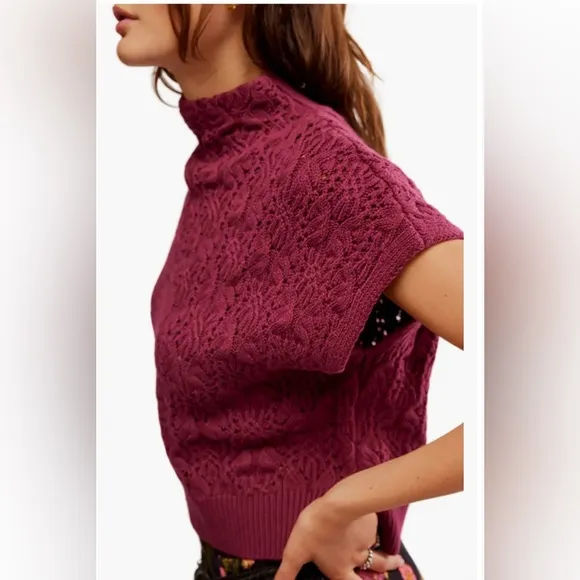 Free People Like New Vickie Mock Cable Knit Sleeveless Sweater Red Plum - M