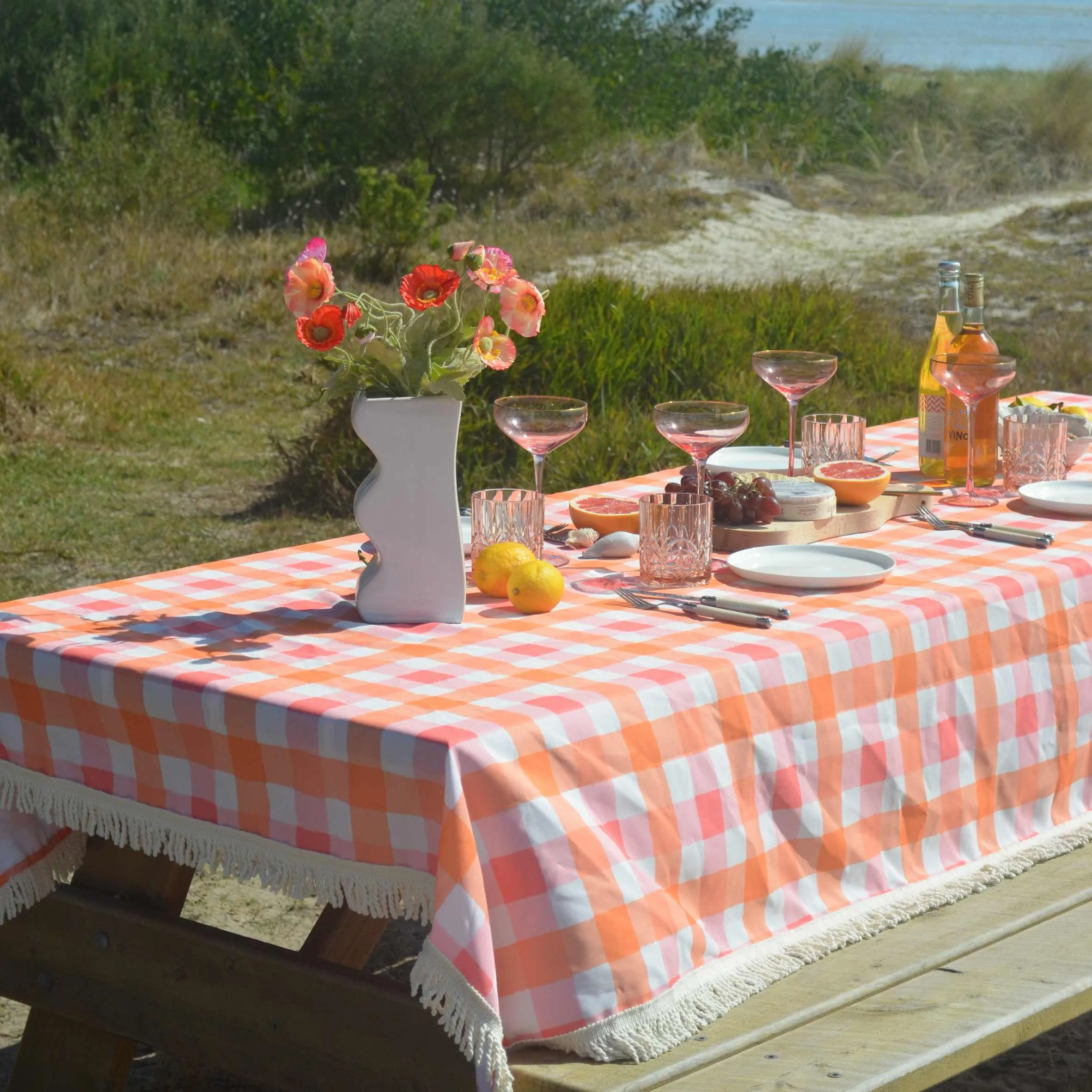 Fringed Tablecloth Watermelon Peach Check