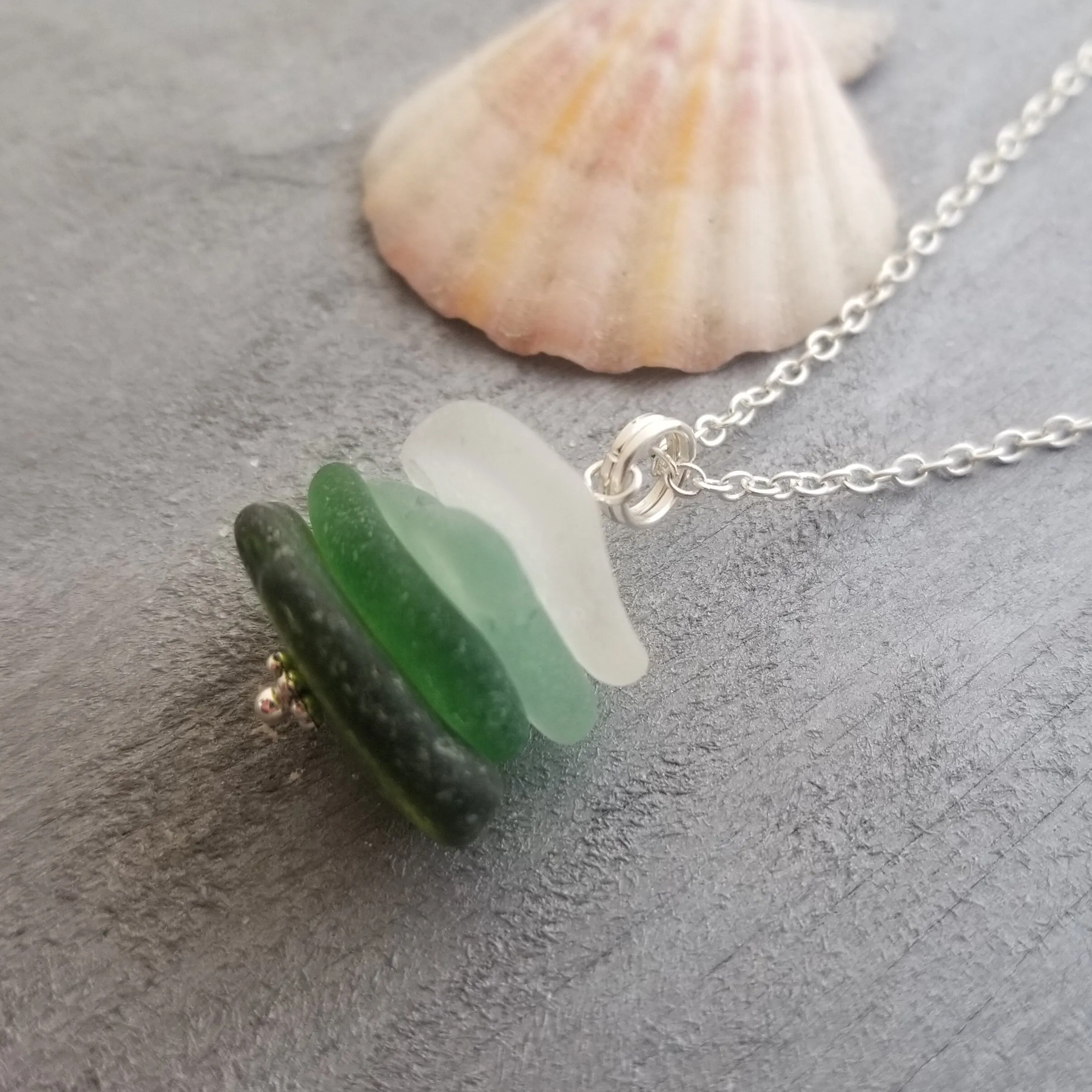 Genuine surf tumbled natural quad stack sea glass necklace. Handmade in Hawaii, Sea glass jewelry.