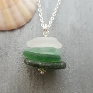 Genuine surf tumbled natural quad stack sea glass necklace. Handmade in Hawaii, Sea glass jewelry.