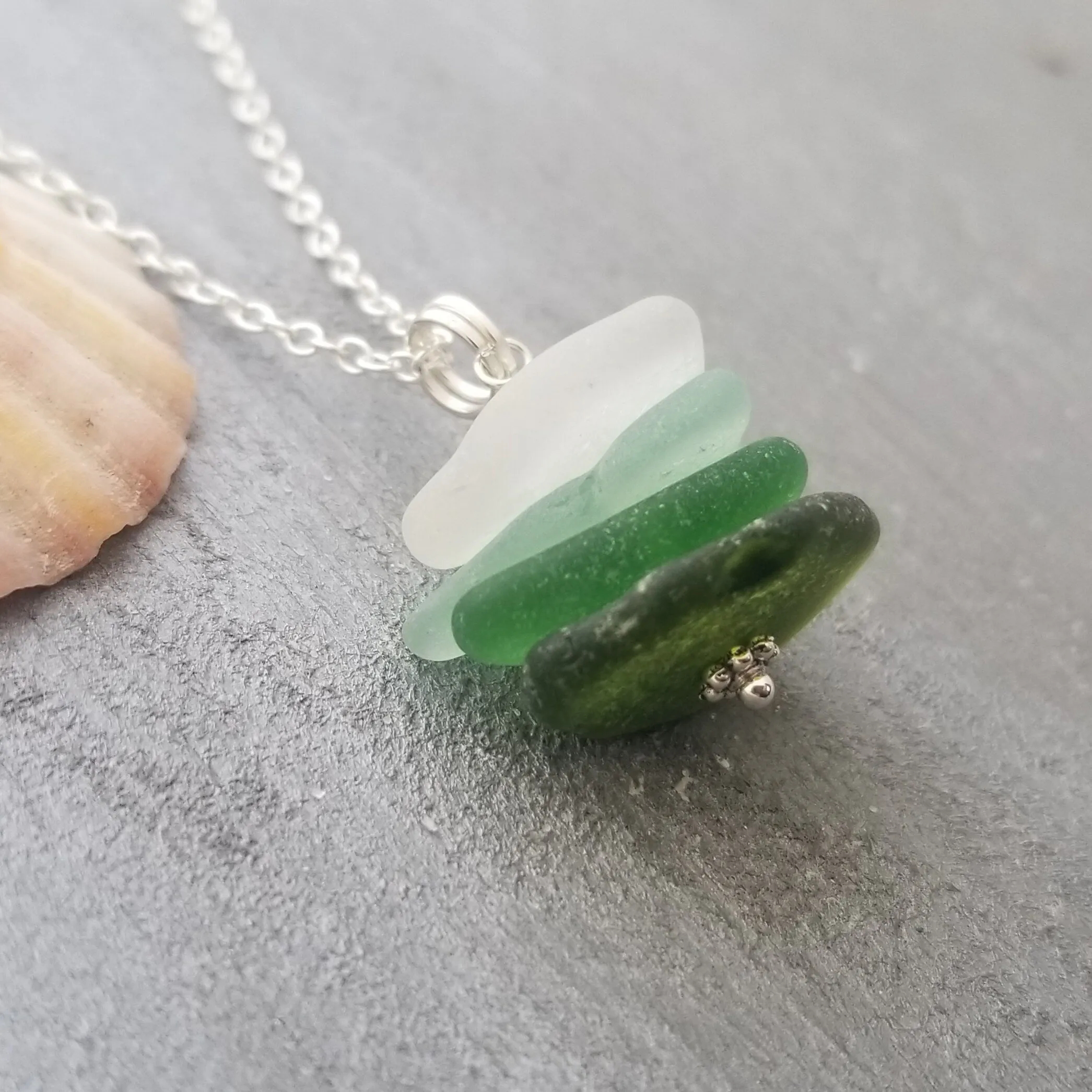 Genuine surf tumbled natural quad stack sea glass necklace. Handmade in Hawaii, Sea glass jewelry.