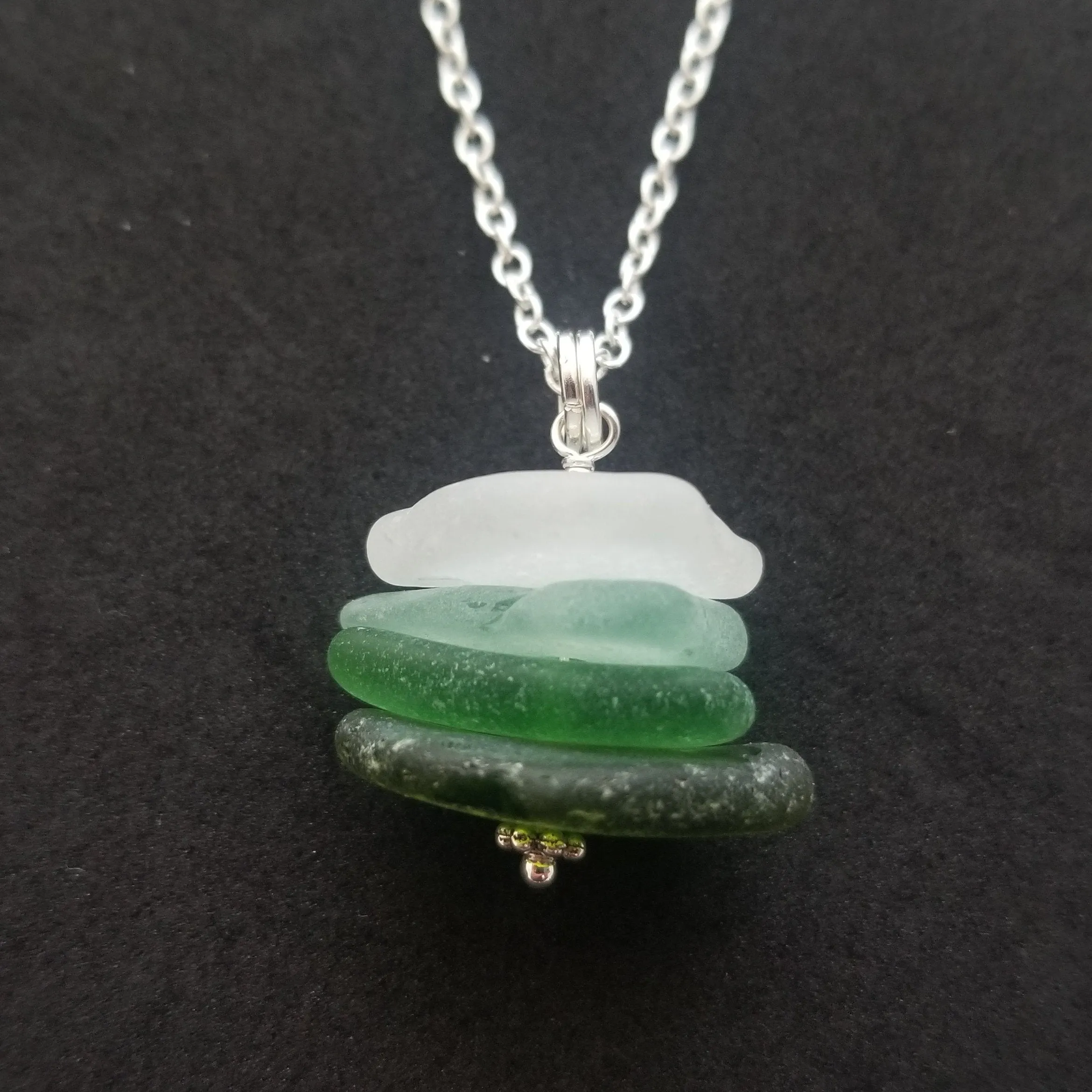 Genuine surf tumbled natural quad stack sea glass necklace. Handmade in Hawaii, Sea glass jewelry.