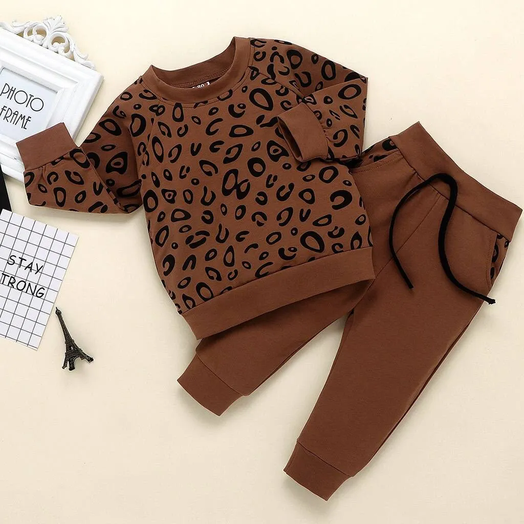 Girls Boys Leopard Print Cotton Long Sleeve Outfit
