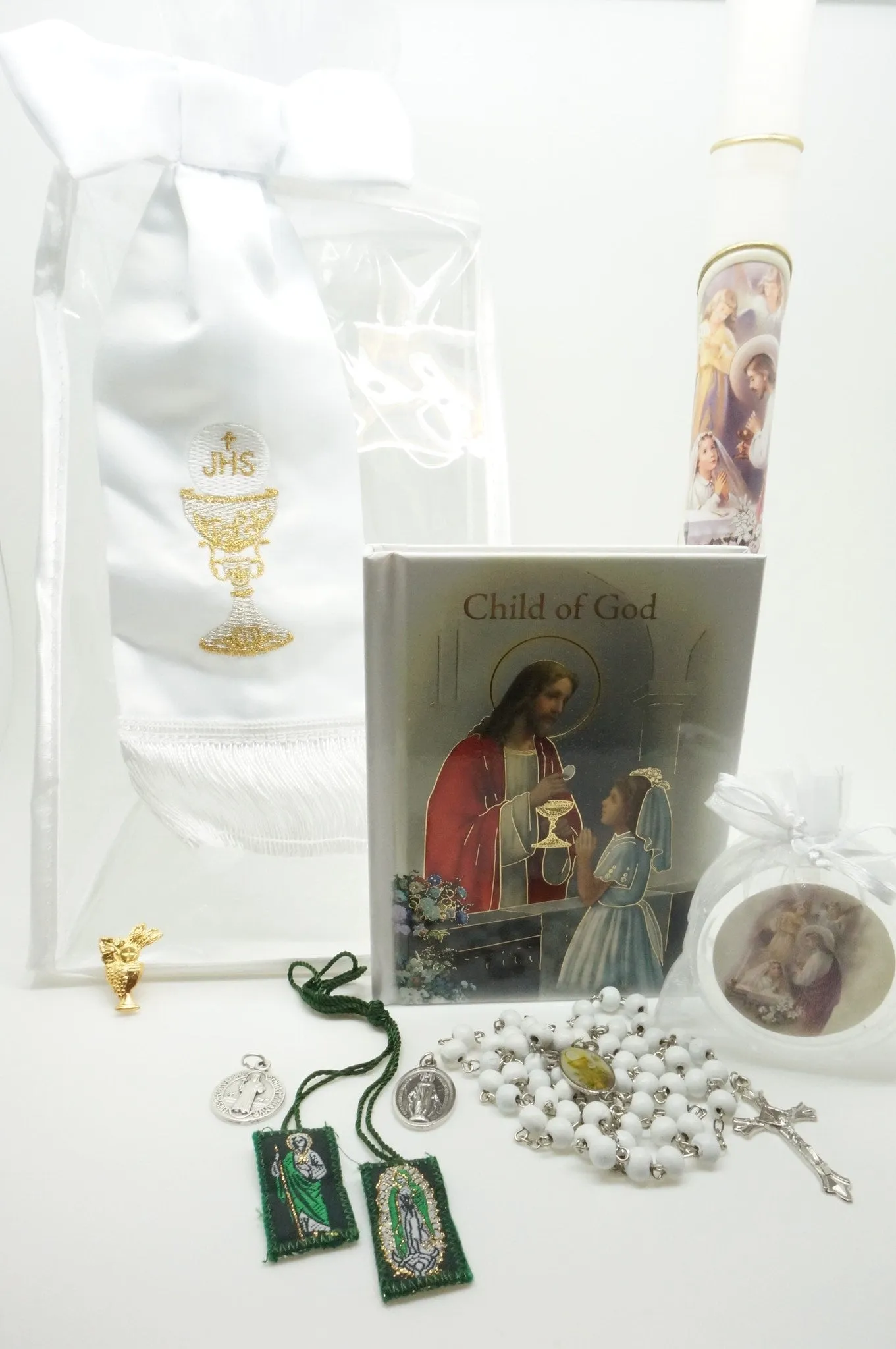 Girls First Communion Gift Set:Arm Band, Candle and 6 other items