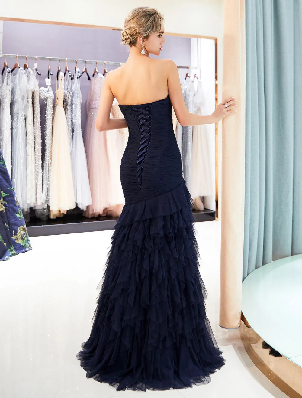 Glamorous Evening Dresses Luxury Dark Navy Strapless Sweetheart Tiered Maxi Mermaid evening dress