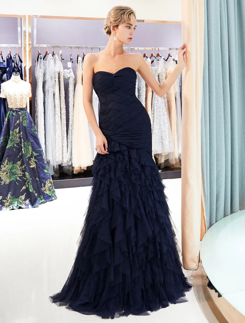 Glamorous Evening Dresses Luxury Dark Navy Strapless Sweetheart Tiered Maxi Mermaid evening dress