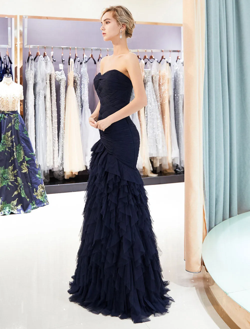 Glamorous Evening Dresses Luxury Dark Navy Strapless Sweetheart Tiered Maxi Mermaid evening dress