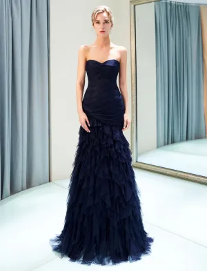 Glamorous Evening Dresses Luxury Dark Navy Strapless Sweetheart Tiered Maxi Mermaid evening dress