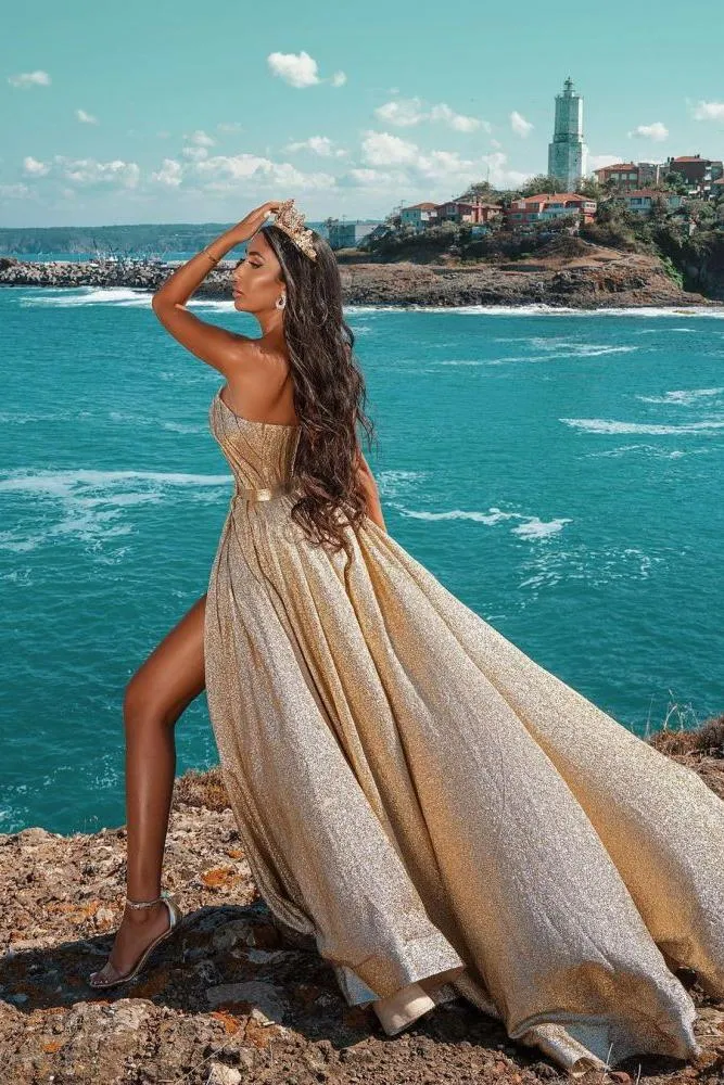 Glitter Sleeveless Splitfront Evening Party Maxi Dress Wedding Party Dress