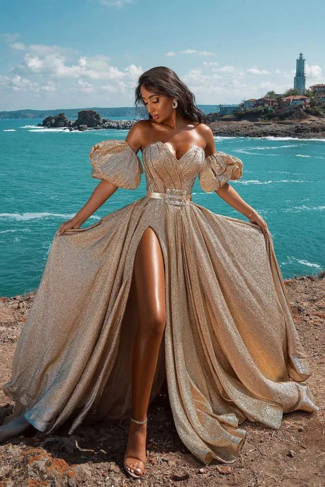 Glitter Sleeveless Splitfront Evening Party Maxi Dress Wedding Party Dress