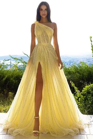 Glittering One Shoulder Daffodil Sequins Prom Dress Long Split Online