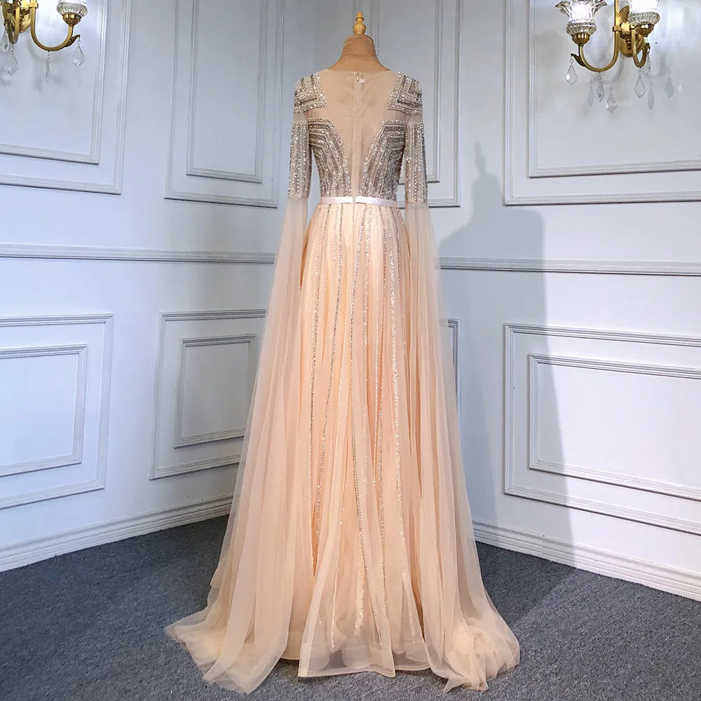 Gold Arabic Luxury Cape Sleeves Evening Dresses Gowns