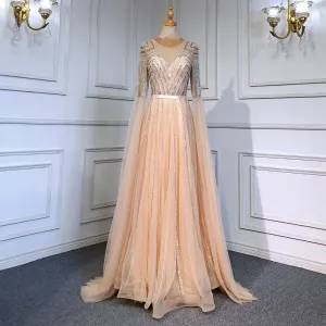 Gold Arabic Luxury Cape Sleeves Evening Dresses Gowns