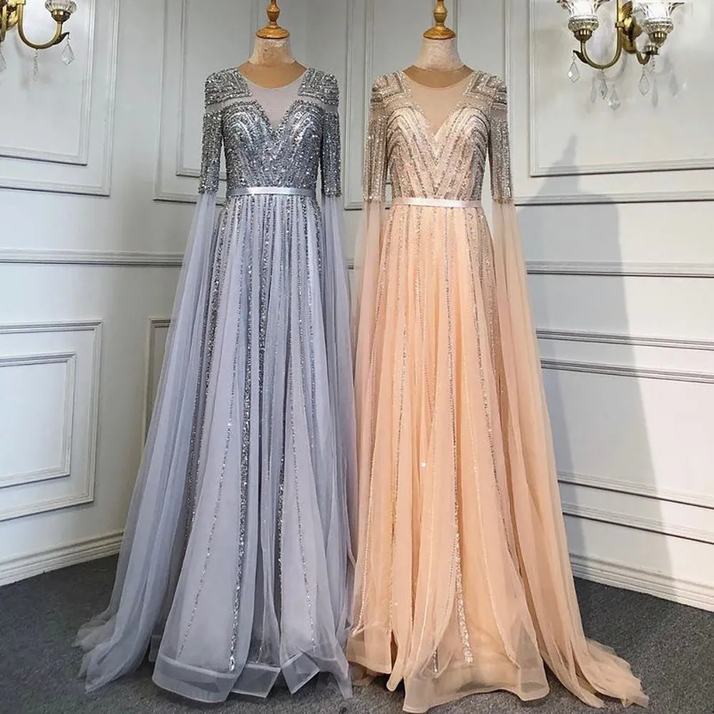 Gold Arabic Luxury Cape Sleeves Evening Dresses Gowns