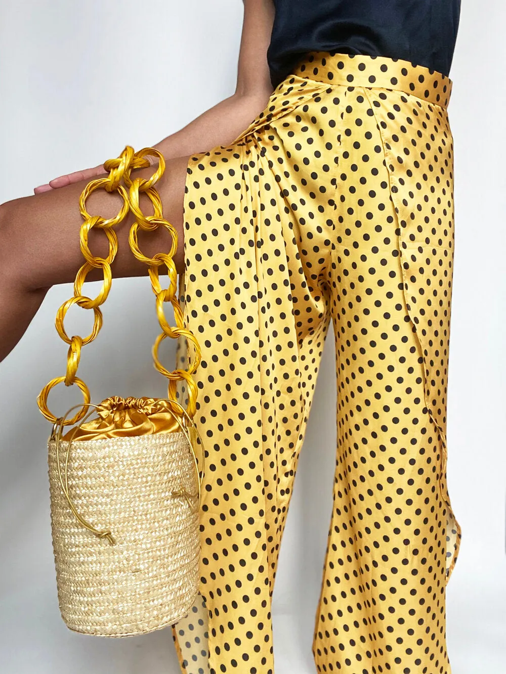 Gold Lemon Raffia Bucket Bag