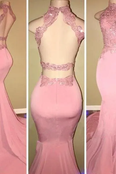 Gorgeous High Neck Pink Lace Prom Party GownsMermaid Long