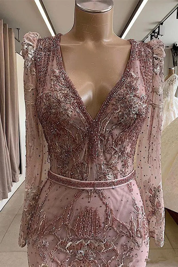 Gorgeous Mermaid Lace Beading V-neck Long Sleevess Prom Dresses Evening Gowns With Beading Waistband