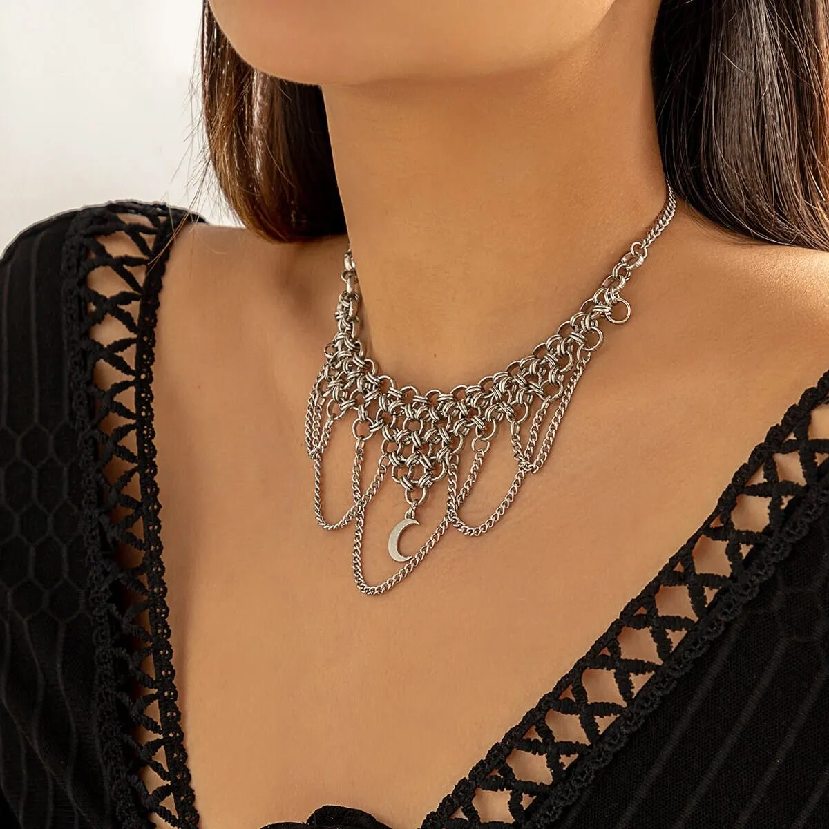 Gothic Layered Moon Phase Pendant Chain Tassel Collar Choker Necklace