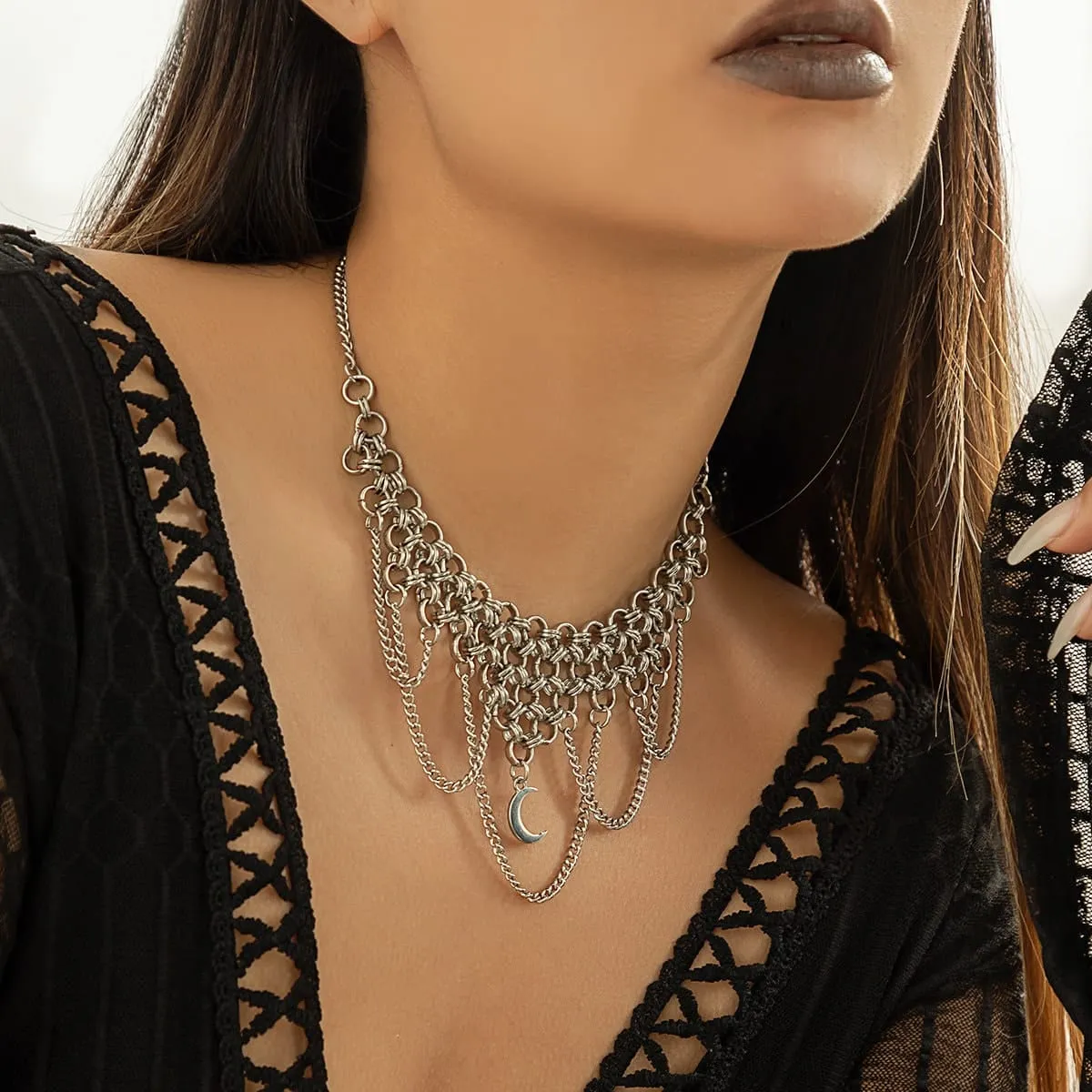 Gothic Layered Moon Phase Pendant Chain Tassel Collar Choker Necklace