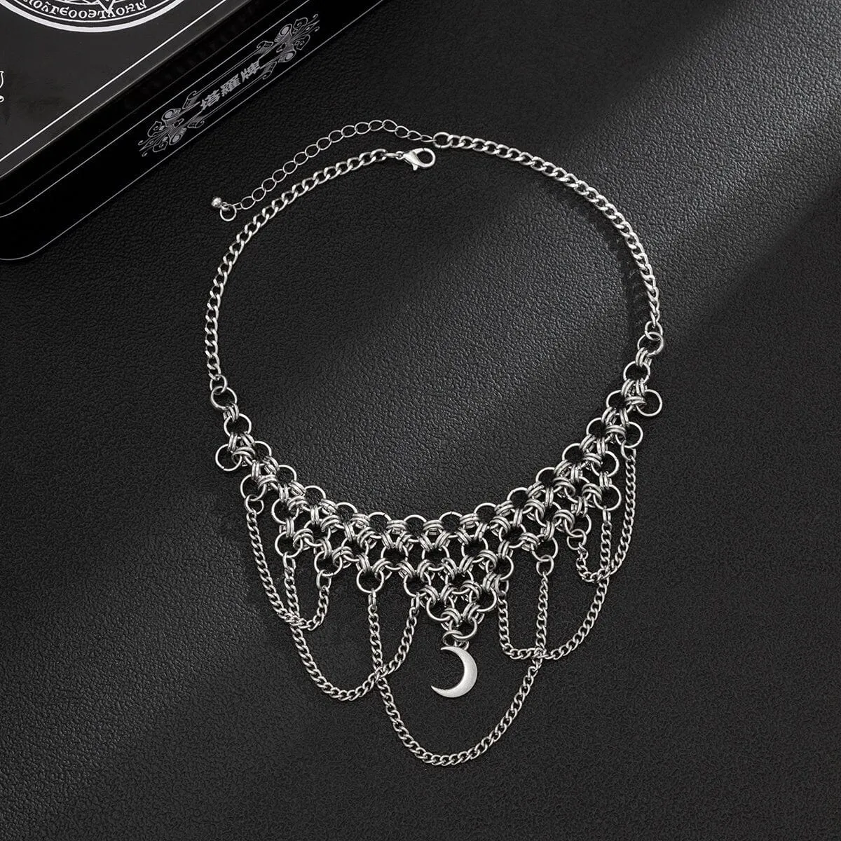 Gothic Layered Moon Phase Pendant Chain Tassel Collar Choker Necklace