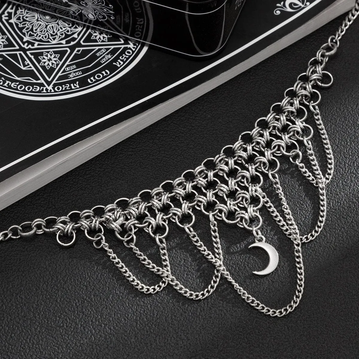 Gothic Layered Moon Phase Pendant Chain Tassel Collar Choker Necklace