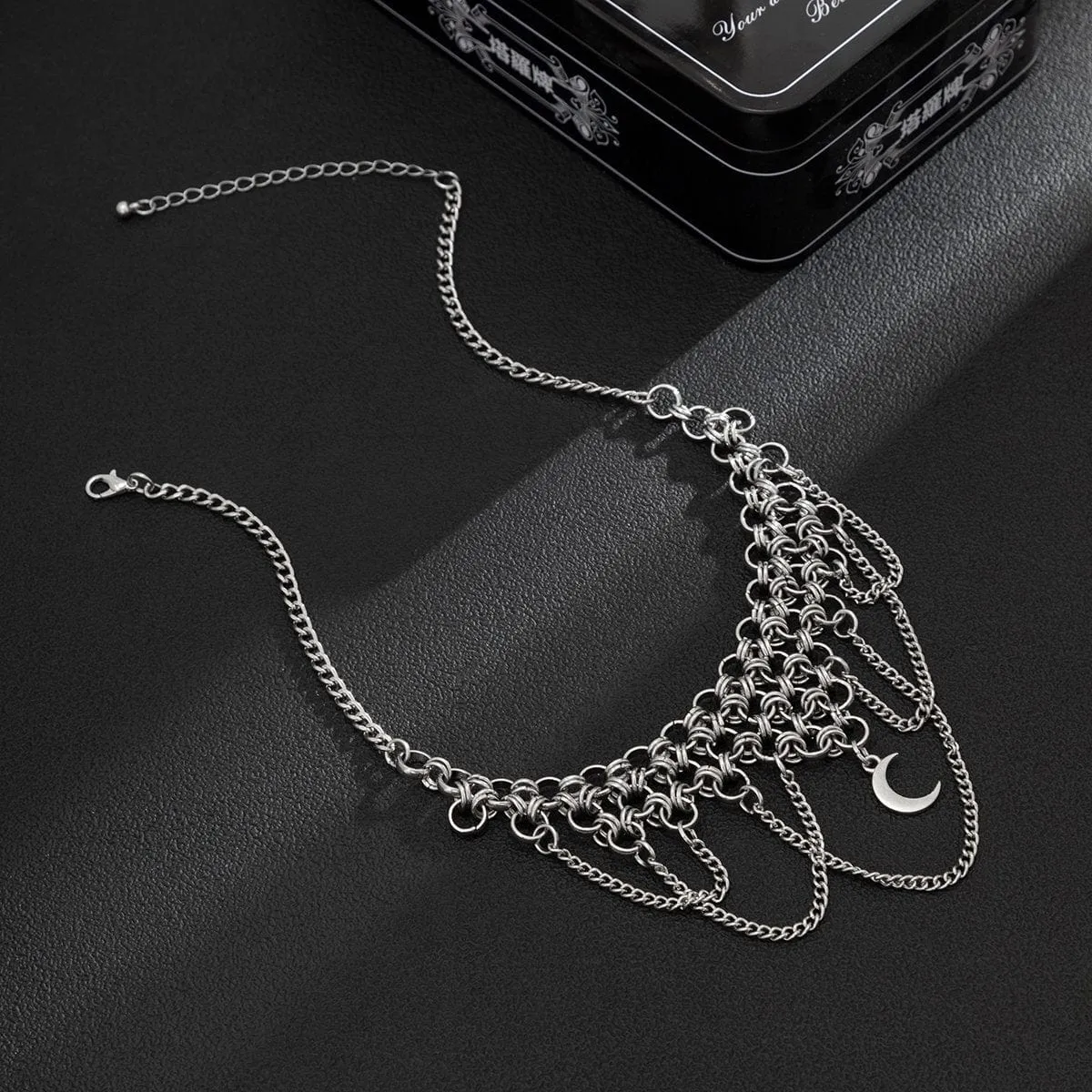 Gothic Layered Moon Phase Pendant Chain Tassel Collar Choker Necklace