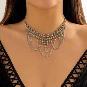Gothic Layered Moon Phase Pendant Chain Tassel Collar Choker Necklace