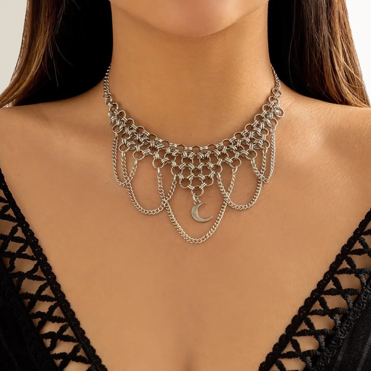 Gothic Layered Moon Phase Pendant Chain Tassel Collar Choker Necklace