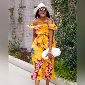 Grass-Fields Floral Off-Shoulder Midi Dress – Size 6