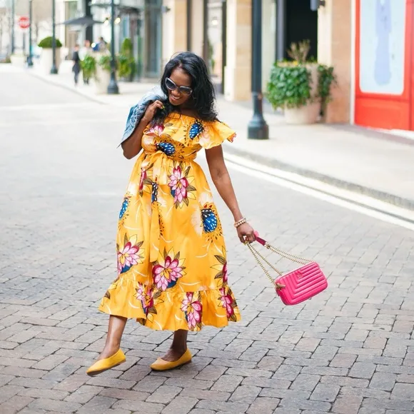 Grass-Fields Floral Off-Shoulder Midi Dress – Size 6