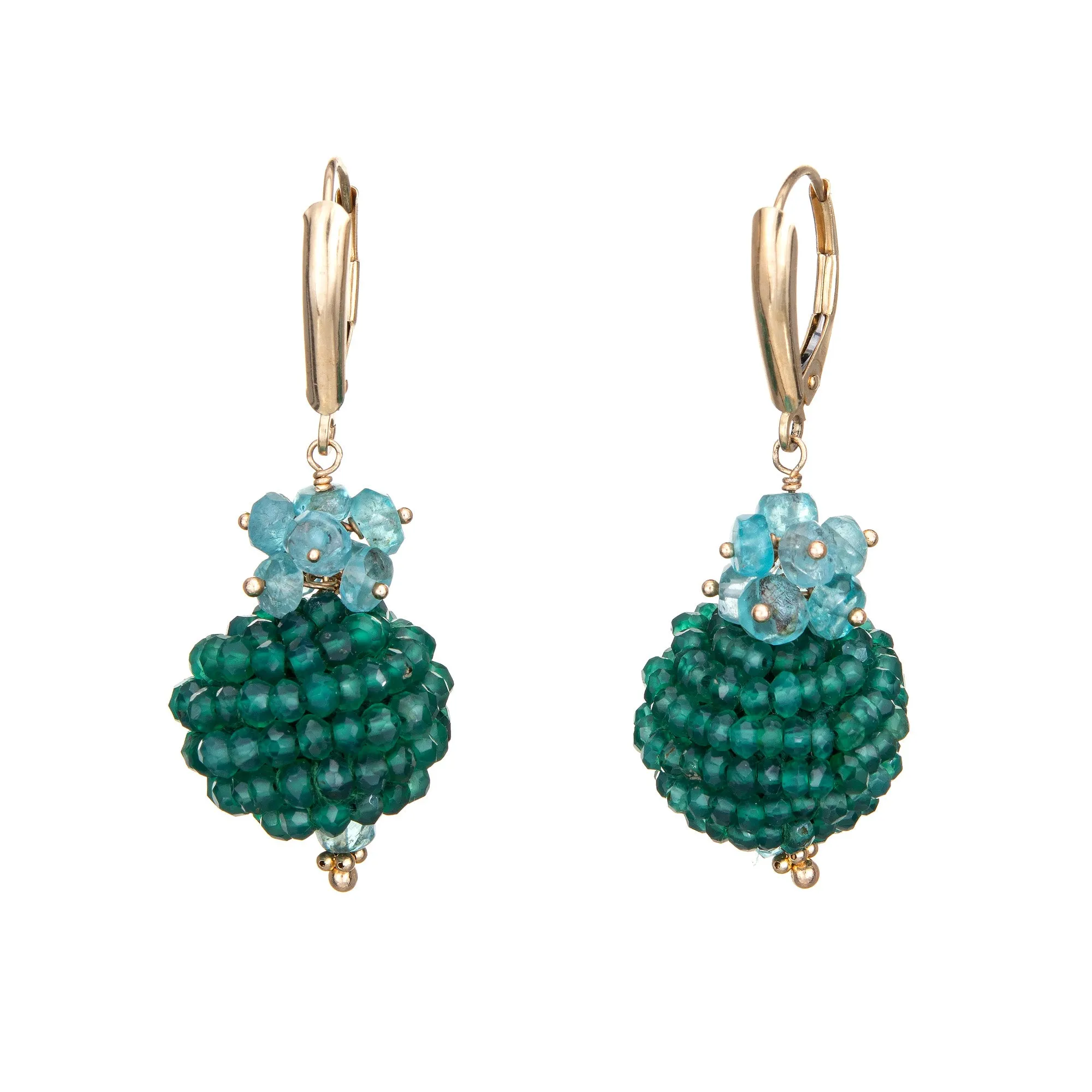 Green Onyx Aquamarine Earrings Vintage 14k Yellow Gold Orb Drops Estate Jewelry