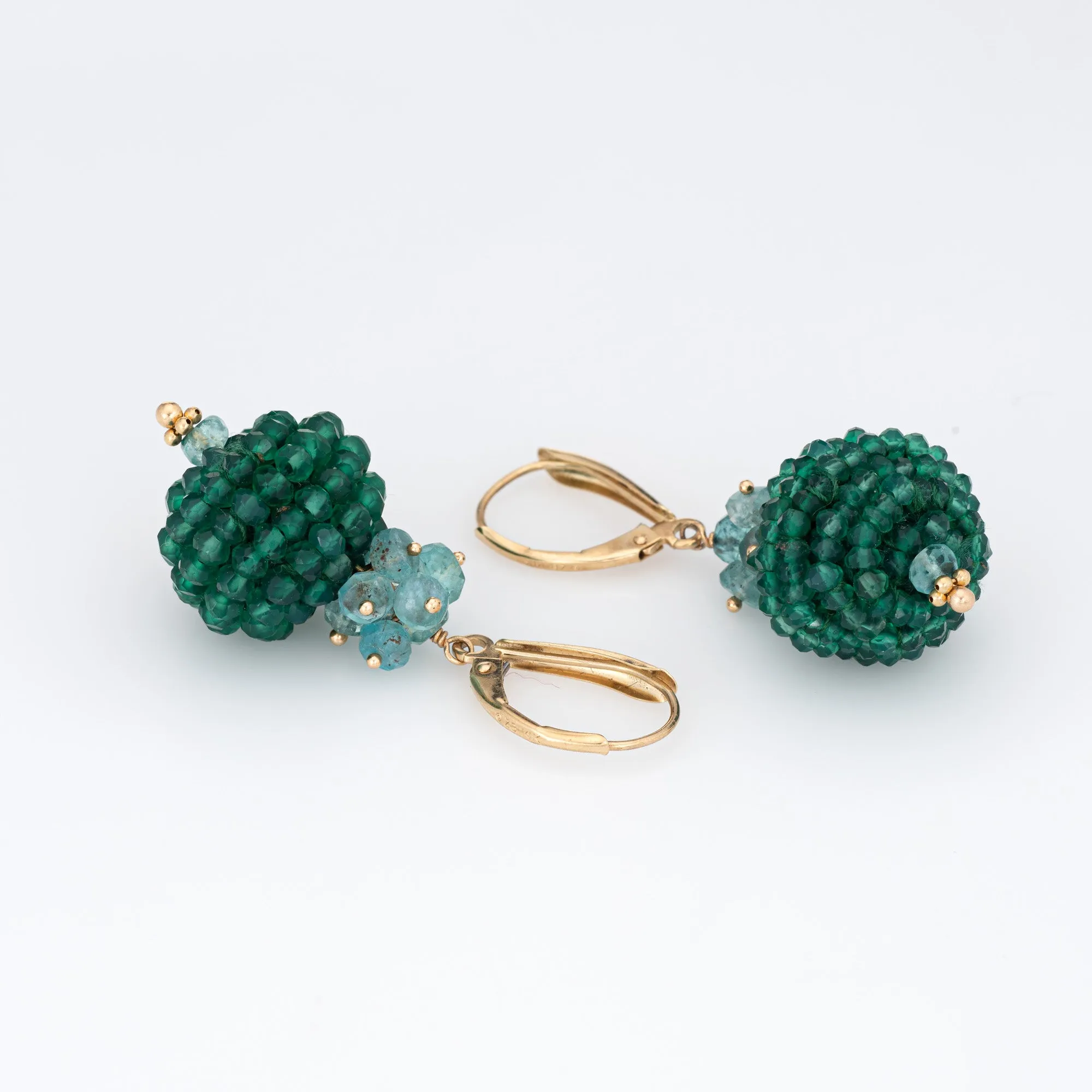 Green Onyx Aquamarine Earrings Vintage 14k Yellow Gold Orb Drops Estate Jewelry