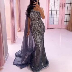 Grey  Cape Sleeves Mermaid Luxury Evening Dresses