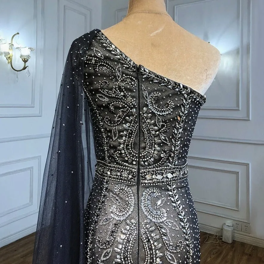 Grey  Cape Sleeves Mermaid Luxury Evening Dresses