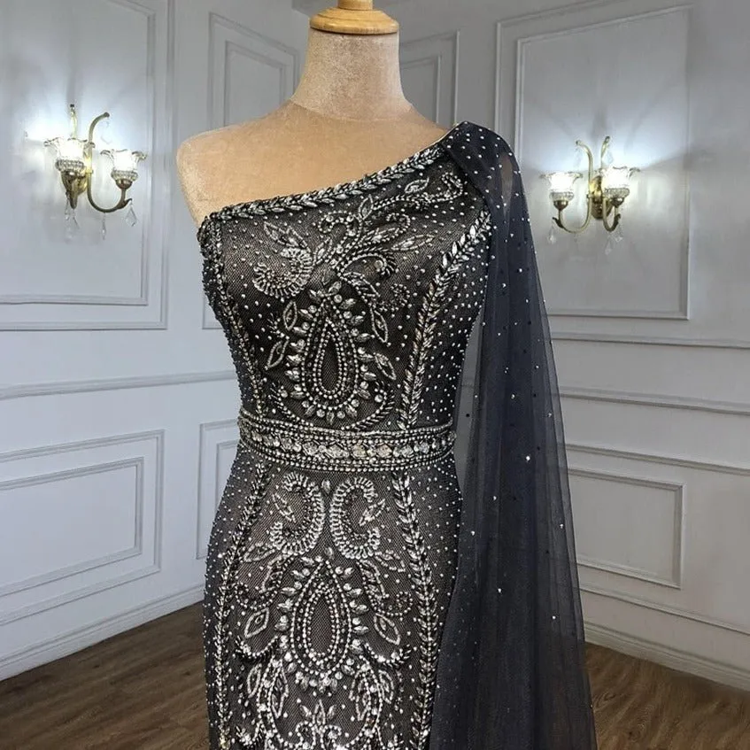 Grey  Cape Sleeves Mermaid Luxury Evening Dresses