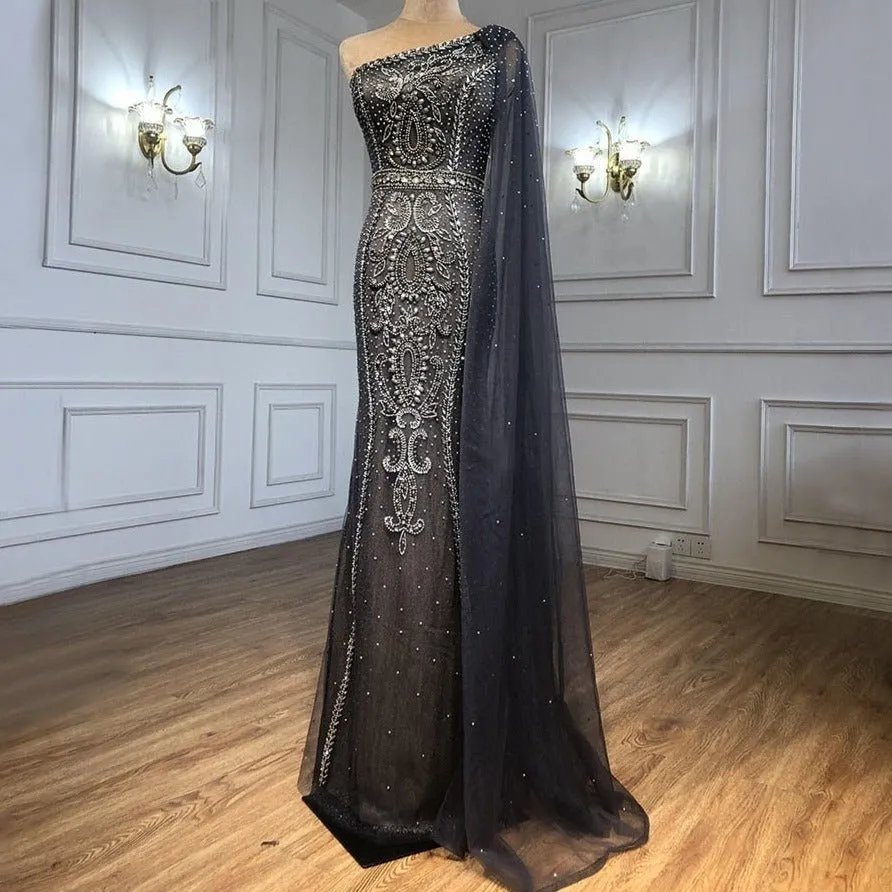 Grey  Cape Sleeves Mermaid Luxury Evening Dresses