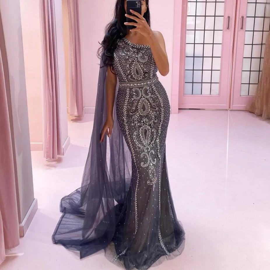 Grey  Cape Sleeves Mermaid Luxury Evening Dresses