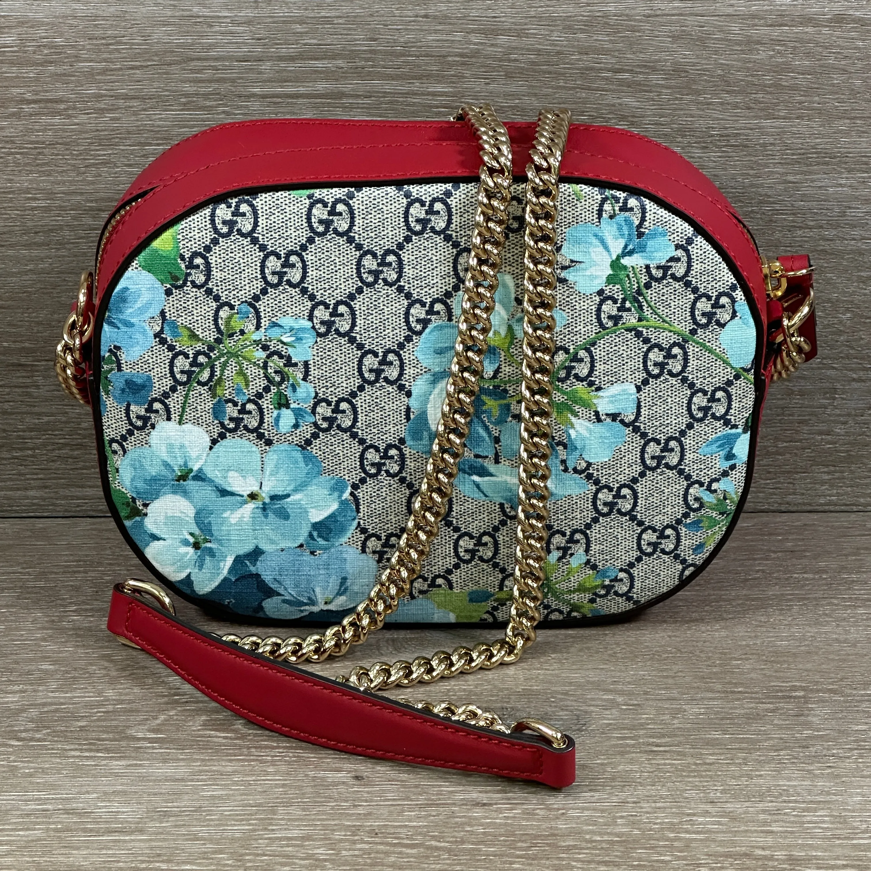 Gucci Chain Crossbody Bag Blooms Print GG Coated Canvas Mini Print, Red