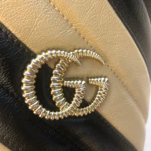 Gucci GG Marmont Bucket Bag in Black and Beige with Red Trim